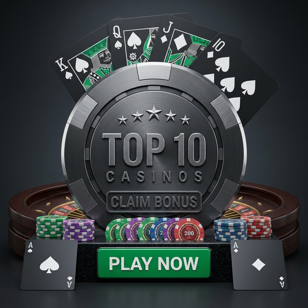 Foot Dream League: a silver Top 10 Casinos chip on a plinth with Claim Bonus, Play Now, a roulette wheel, playing cards and chips.